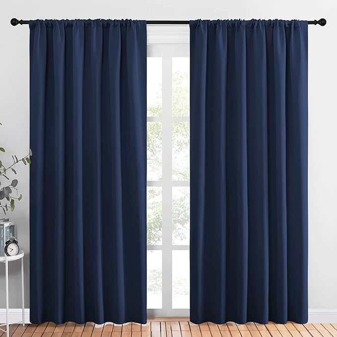 NICETOWN Living Room Curtains, Blackout Draperies, Home Decorations Thermal Insulated Solid Rod Pocket Blackout Drapes for Cafe (Navy, One Pair, 70 x 84-inch)