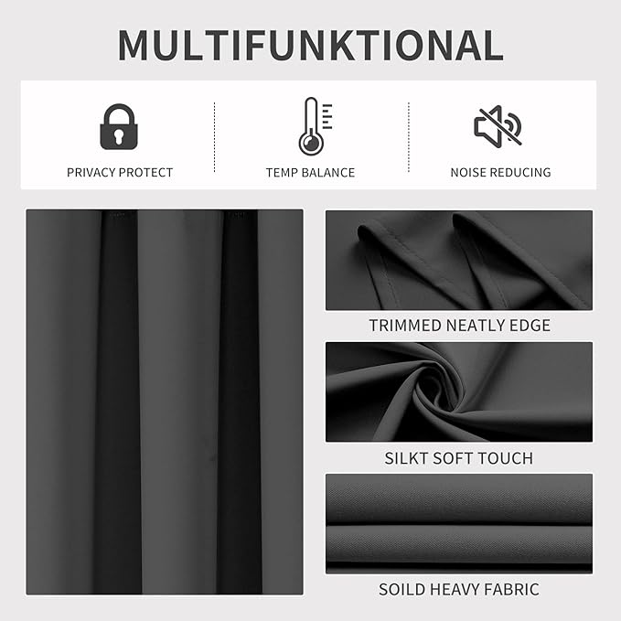 Joydeco Blackout Curtains 108 Inch Length 2 Panels Set, Thermal Insulated Long Curtains& Drapes 2 Burg, Room Darkening Grommet Drapes for Living Room Bedroom Window (Dark Grey, W52 x L108 Inch)