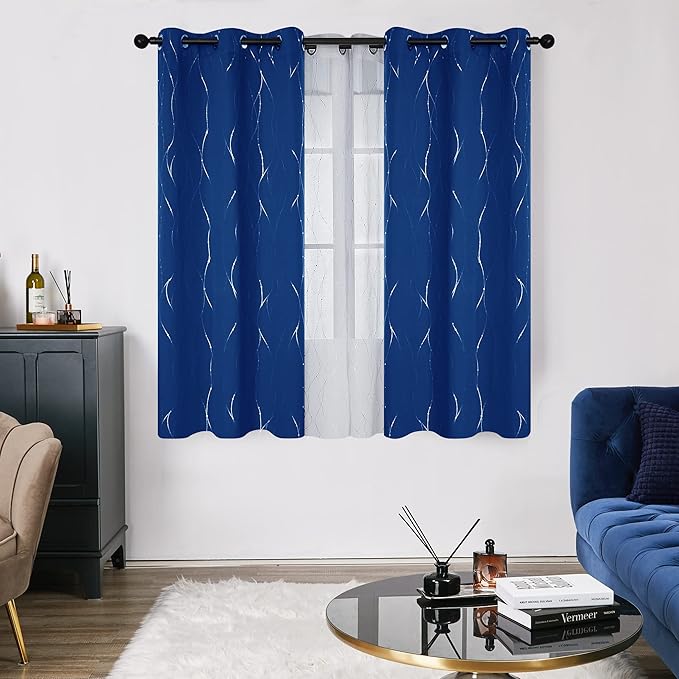 Deconovo Blackout Curtains, 42 x 63 Inch Drapes for Living Room with Wave Dots Silver Print, Soundproof Thermal Insulated Window Curtain for Bedroom Nursery, Set of 2, Machine Washable, Royal Blue