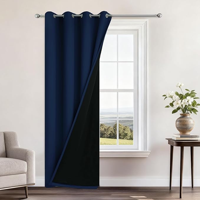Yakamok 100% Blackout Curtains 84 Inches Long, 2 Thick Layers Heat and Full Light Blocking Soft Thermal Insulated Drapes for Bedroom(52" Wide Each Panel, Navy Blue, 1 Panel)