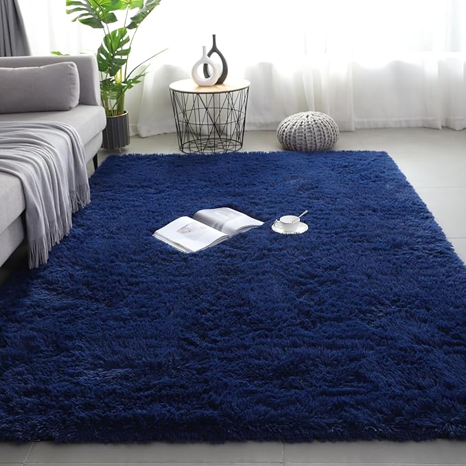 Shag Area Rugs for Bedroom Living Room,5X8 Ultra Soft Fluffy Area Rugs for Dorm, Indoor Carpet Nursery Rugs for Kids Girls Room Home Decor, Navy Blue