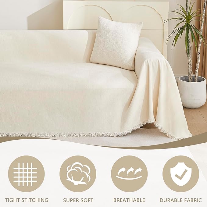 MYSKY HOME Boho Couch Cover Beige Sofa Covers with White Tassel Farmhouse Sofa Slipcover Simple Couch Protector for Dogs Chenille Sectional Couch Covers L Shaped Couch Cushion Covers, 91"x 134"