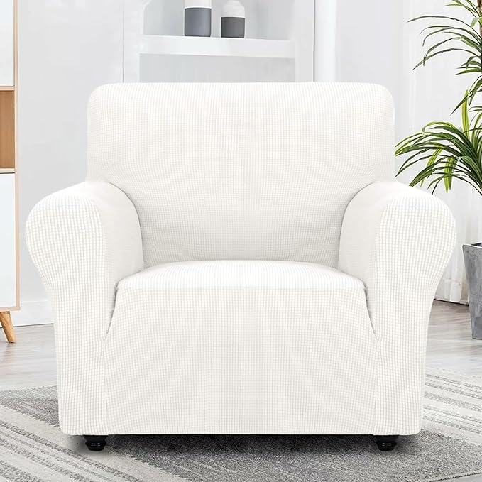 ZNSAYOTX Super Stretch Chair Slipcover Universal Sofa Chair Covers for Living Room Dogs Pet Furniture Protector Spandex Armchair Slipcovers with Anti Slip Foam Sticks (White, Chair)