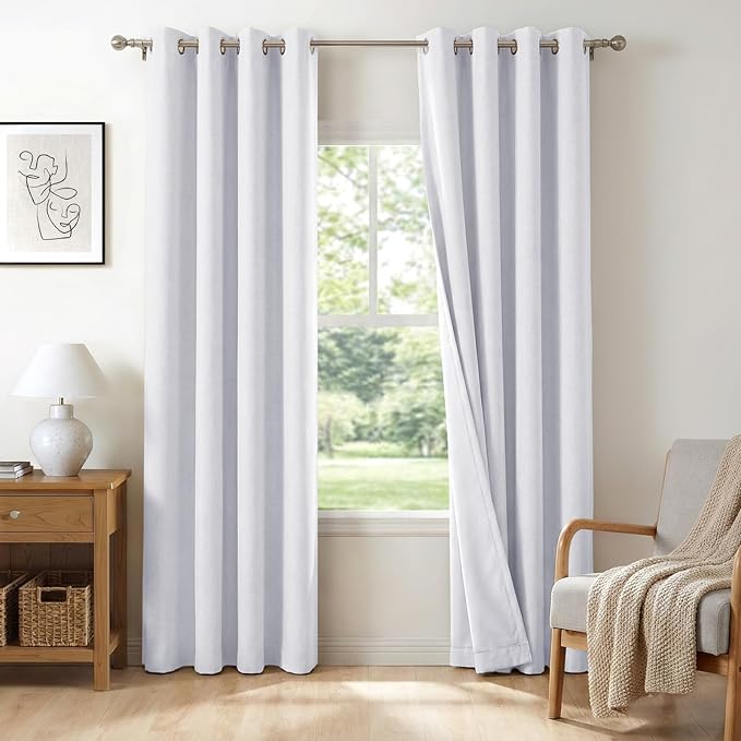 100% Blackout Shield Linen Blackout Curtains for Bedroom, Bright White Grommet Curtains for Living Room, Thermal Insulated Room Darkening Drapes for Nursery, Boho Home Decor, 50" W x 90" L, 2 Panels