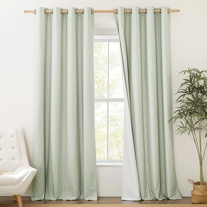 NICETOWN 100% Absolutely Blackout Linen Curtains with Thermal Insulated White Liner, Sage Green, W52, 2 Pieces, Noise Reducing Textured Linen Look Curtains for Windows 92 inch Length for Classroom