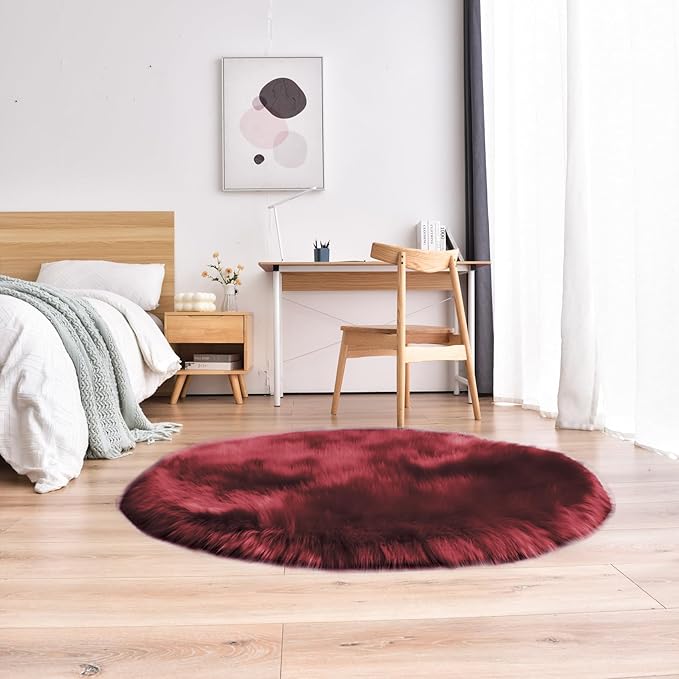 duduta Burgundy Faux Fur Round Rug 4x4 ft, Fluffy Shag Sheepskin Circle Rug for Nursery Bedroom Living Room Washable