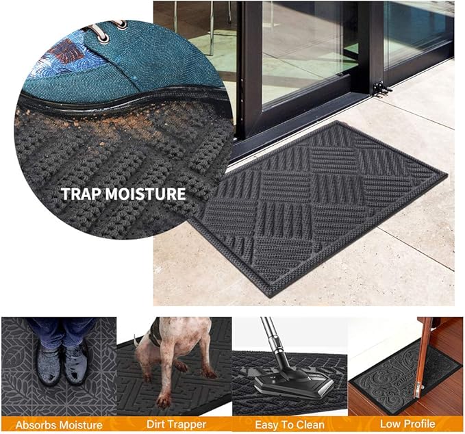 Mibao Front Door Mat, Dirt Trapper Welcome Mat for Outdoor Indoor, Non-Slip Waterproof Doormat, Durable Machine Washable Low Profile Entry Rug for Back Door Outside Patio, 61.5" x 36", Gray Grid