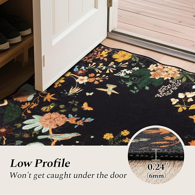 Rugflix Scalloped Floral Rug for Entryway, 2x3 Washable Non-Slip Kitchen Area Rugs, Small Low Pile Indoor Door Mat, Soft Entrance Carpet for Bathroom Bedroom, Dark Black
