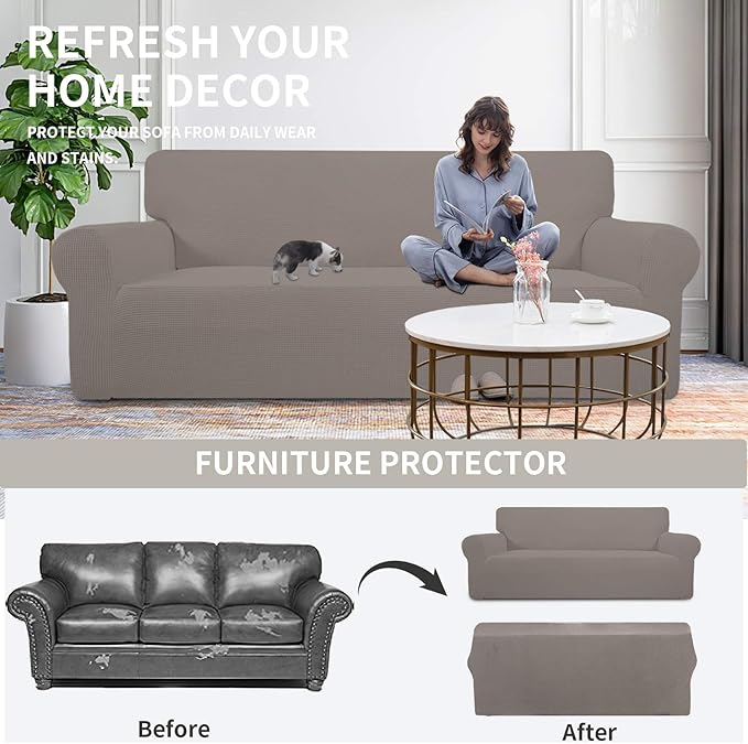 Easy-Going Stretch Oversized Loveseat Slipcover 1-Piece Sofa Cover Furniture Protector Couch Soft with Elastic Bottom for Kids Polyester Spandex Jacquard Fabric Small Checks Taupe