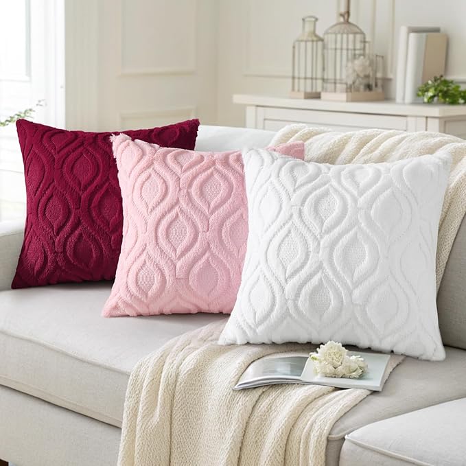 decorUhome Summer Throw Pillow Covers 24x24 Inch Set of 2, Soft Plush Faux Wool Light Pink Solid Couch Pillow Covers, Accent Euro Sham Farmhouse Neutral Square Pillow Cases for Sofa Bed Living Room