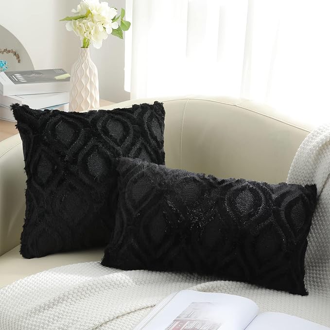 decorUhome Throw Pillow Covers 22x22 Inch Set of 2, Soft Plush Faux Wool Black Solid Couch Pillow Covers, Accent Euro Sham Farmhouse Neutral Square Pillow Cases for Sofa Bed Living Room