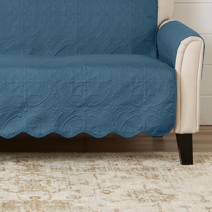 Great Bay Home Reversible Loveseat Cover - Washable Slipcover Furniture Protector with Elastic Straps - Perfect for Kids & Pets - Quilted & Stitched Detail (Smoke Blue/Ivory)