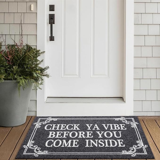 Front Door Door Mat Indoor Outdoor Entrance Doormat Rubber Welcome Door Mat,Check Ya Vibe Before You Come Inside Mats, Anti Slip Easy to Clean Corridor Entry Mat Gray 36" x 24"
