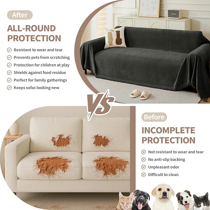 Couch Cover for Dogs, Boho Sofa Covers for 3 Cushion Couch, Chenille Sofa Slipcover for Pets Washable, L-Shape Sectional Couch Cover Soft Throw Blankets with Tassels(71x134,Charcoal Grey)