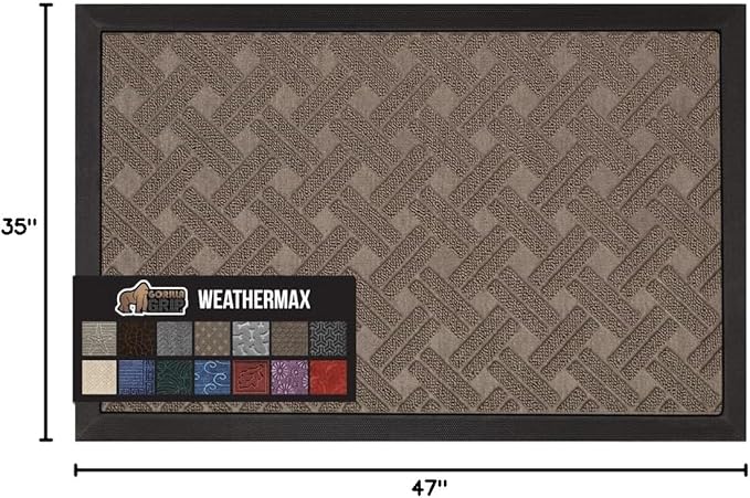 GORILLA GRIP 100% Waterproof All-Season WeatherMAX Doormat, 47x35, US Designed Natural Rubber, Stain and Fade Resistant, Low Profile Indoor Outdoor Door Mats, Easy Clean Patio Mat, Taupe Basket Weave