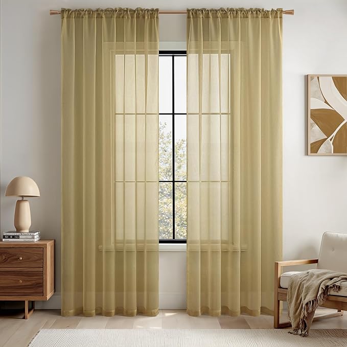 MIULEE 2 Panels Solid Color Sheer Window Curtains Elegant Window Voile Panels/Drapes/Treatment for Bedroom Living Room (54X54 Inches Dark Gold)