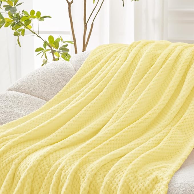 Exclusivo Mezcla Fleece Throw Blanket Extra Large, Super Soft and Warm Blankets for Couch, Sofa and Bed Waffle Textured, Cozy, Fuzzy and Lightweight (Light Yellow, 50x70 Inches)