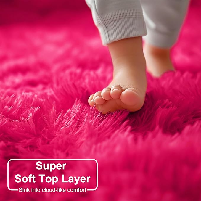 Hot Pink Round Circle Rug 6Ft for Girls Bedroom, Big Fluffy Area Rugs for Kids Room Decor Aesthetic, Shag Plush Fuzzy Furry Carpet for Living Room Nursery Dorm Classroom, Cute Teen Baby Preppy Rug