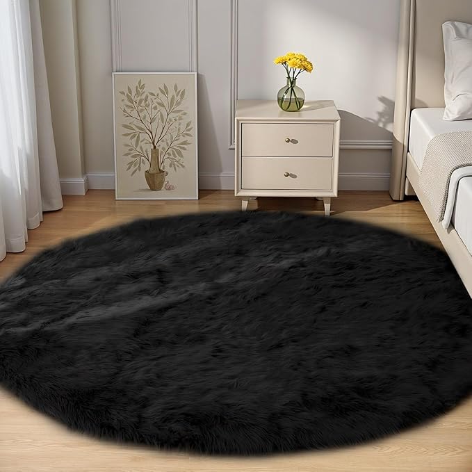 Goolela Black Round Rug 5ft Fluffy Fuzzy Sheepskin Carpet for Bedroom Living Room Black Circle Faux Fur Rug Shaggy Washable