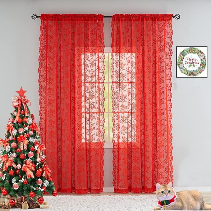 YJ YANJUN Vintage Lace Curtains 96 Inches Long-Victorian Floral Pattern Red Sheer Curtain Panels for Living Room Bedroom,Light Filtering, Xmas Gift for Holiday Decor 2 Panels 52W x 96L