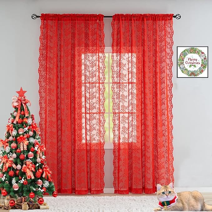 YJ YANJUN Vintage Lace Curtains 84 Inches Long-Victorian Floral Pattern Red Sheer Curtain Panels for Living Room Bedroom,Light Filtering, Xmas Gift for Holiday Decor 2 Panels 52W x 84L