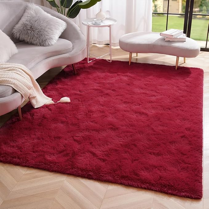 Amearea Shag Fluffy Area Rug for Bedroom Girls Living Room, Extra Soft and Fuzzy Shaggy Rugs, Non Slip, Solid Color Carpet Mat for Boys Nursery Home, Wine Red 6x9 Feet
