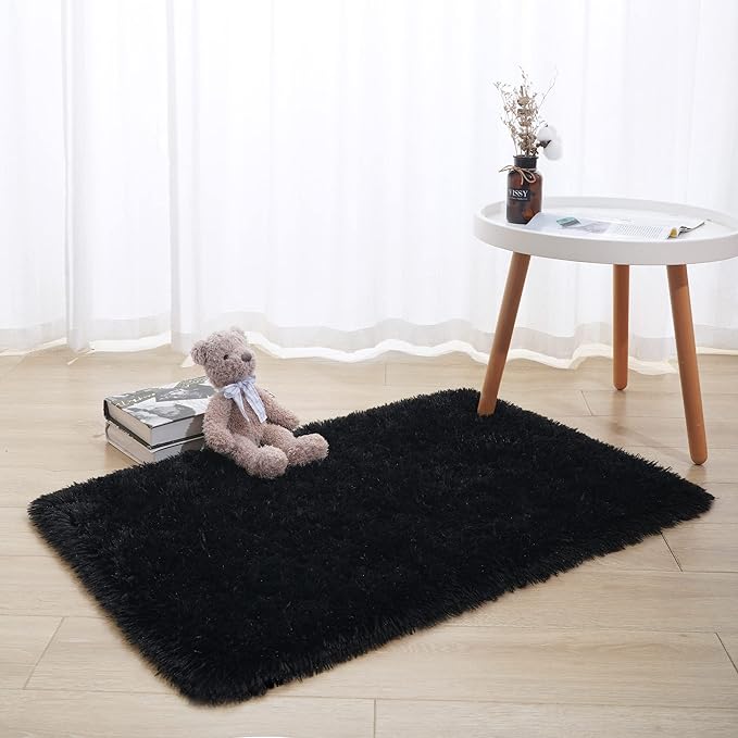 Tepook Super Soft Fluffy Rug for Bedroom, Modern Shaggy Fuzzy Kids Rugs for Living Room, Plush Indoor Nursery Home Decor Dorm Carpet with Non-Slip Bottom, Black, 2 X 3 Feet