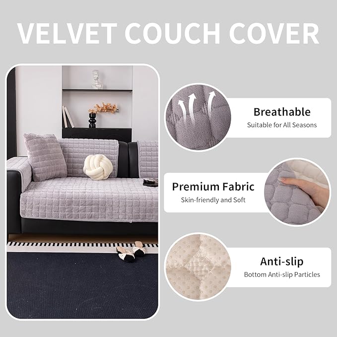 Velvet Couch Cover, Washable Sectional Sofa Cover, Anti Slip Sofa Slipcover for 3 Cushion Couch Sofa L Shaped Armrest Backrest, Furniture Protector Covers for Pets Kids(Light Grey, Only 1 PCS)