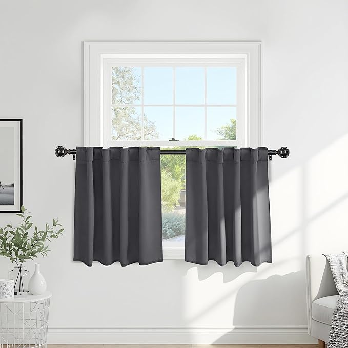 PONY DANCE Short Curtains Half Window Curtains for Bedroom, Privacy Blackout Energy Saving Drapes for Living Room Bathroom Shades, Wide 29 x Long 36 inches per Panel, Grey, 2 Pcs