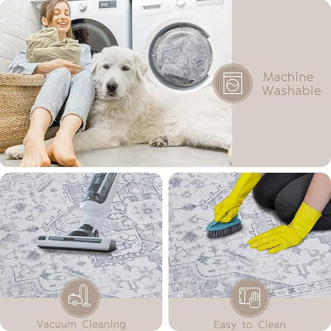 Srugn Area Rug 6x9 Washable Area Rugs for Living Room- Ultra Soft Non-Shedding Faux Wool Bedroom Rug Large Grey Vintage Print Rugs with Non Slip Rubber- Indoor Retro Foldable Carpet for Dining Room