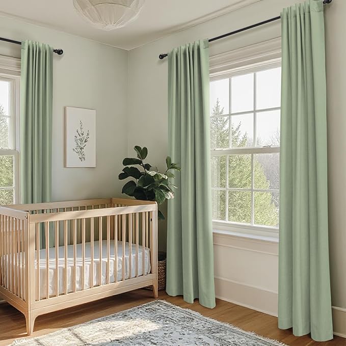 100% Blackout Shield Linen Blackout Curtains for Bedroom 96 Inches Long, Back Tab/Rod Pocket Living Room Drapes, Thermal Insulated Blackout Curtains 2 Panels Set, 50" W x 96" L, Sage