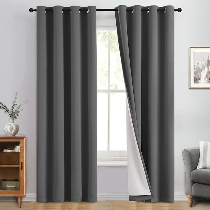Yakamok 100% Blackout Curtain Panels 84 inches Cold and Light Blocking Drapes for Nursery, 2 Thick Layers Thermal Insulated Draperies (2 Pieces, 50 Wide Each Panel, Charcoal Grey/White Backing)