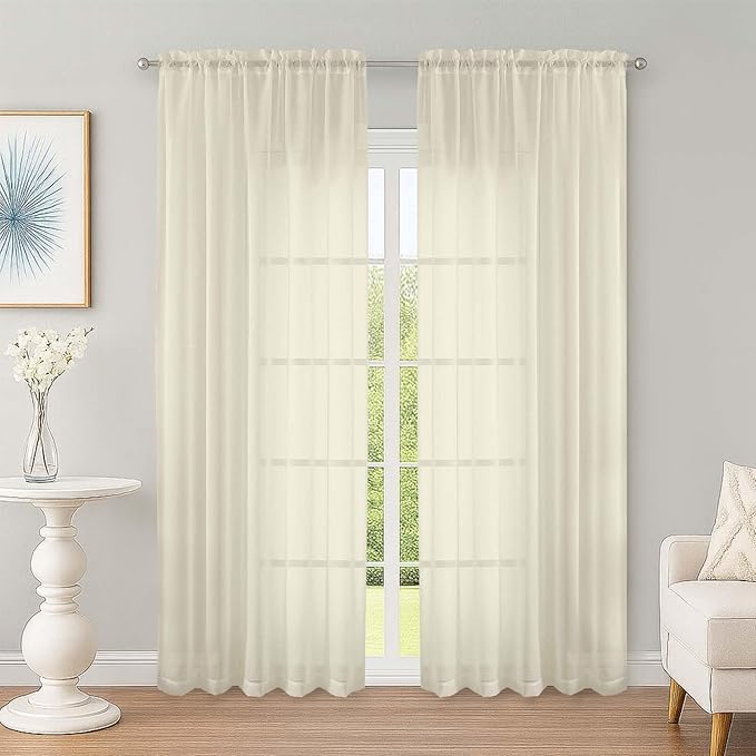OWENIE Sheer Curtains 84 Inches Long 2 Panels Set, Sheer Cream Curtains for Living Room Bedroom 59 Inch Extra Wide, Modern Voile Filmy Rod Pocket Drapes, 2 Pcs, Each 59 W x 84L, Cream
