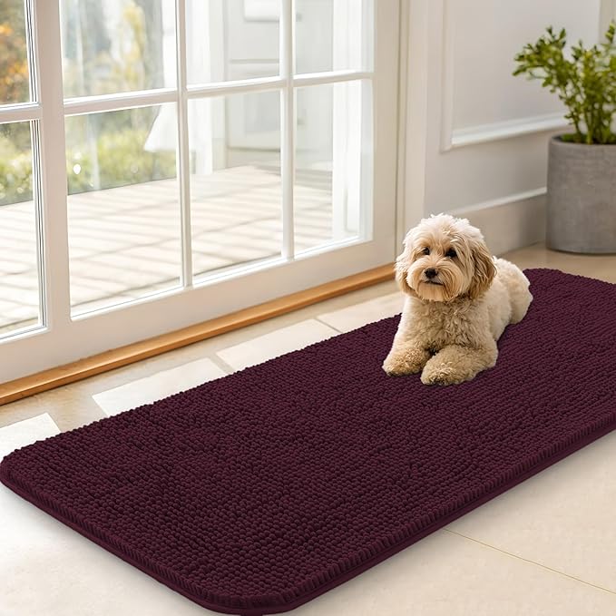 OLANLY Dog Door Mat for Muddy Paws 47x20, Absorbs Moisture and Dirt, Absorbent Non-Slip Washable Doormat, Quick Dry Chenille Mud Mat for Dogs, Entry Indoor Entryway Carpet for Inside Floor, Russet