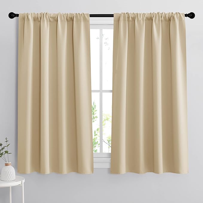 RYB HOME Short Curtains for Bedroom, Room Darkening Insulated Summer Heat Light UV Blocking Energy Saving Drapes for Nursery, Width 42 by Length 48, Biscotti Beige, Set of 2