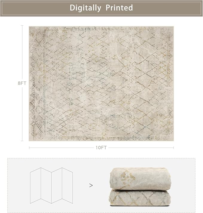 Washable Rugs 8x10 Area Rugs for Living Room,Bedroom,Dining Room- Large Ultra Soft Faux Wool Retro Carpet,Non Slip&Non-Shedding Low Pile Morocco Rug for Home Office Dorm Decor(Camel-Blue-Orange)