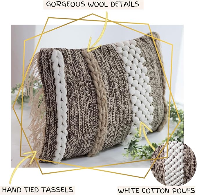 Decorative Boho-Chic Lumbar Pillow Cover 12x20 Premium Handwoven Tufted Cotton &Wool Accent Pillows, Earthy Color Throw Cushion, Farmhouse & Bohemian Home Decor (Limited Edition Cover Only)