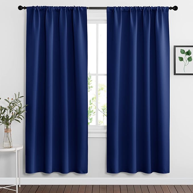 RYB HOME Blackout Curtains for Bedroom Living Room 63 inches Long, Thermal Insulated Privacy Rod Pocket Drapes for Nursery Office Home Theater, Width 34 by Length 63, Navy Blue, 2 Panels