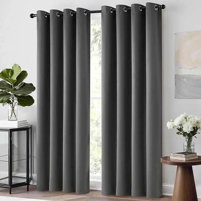 Yakamok Dark Grey Blackout Curtains, Grommet Thermal Insulated Room Darkening Blackout Drapes for Bedroom/Living Room, 2 Panels, 52W x 63L Inch