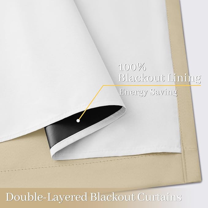 Yakamok 100% Blackout Curtain Panels 84 inches Cold and Light Blocking Drapes for Nursery, 2 Thick Layers Thermal Insulated Draperies (2 Pieces, 50 Wide Each Panel, Beige Front with White Backing)