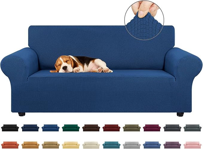 KEKUOU Stretch Loveseat Sofa Cover Slipcover,Couch Covers for 2 Cushion Couch Sofa (55"-78") Furniture Protector Sofa with Elastic Bottom for Kids,Dog. Jacquard Small Checked (Medium,Classic Blue)