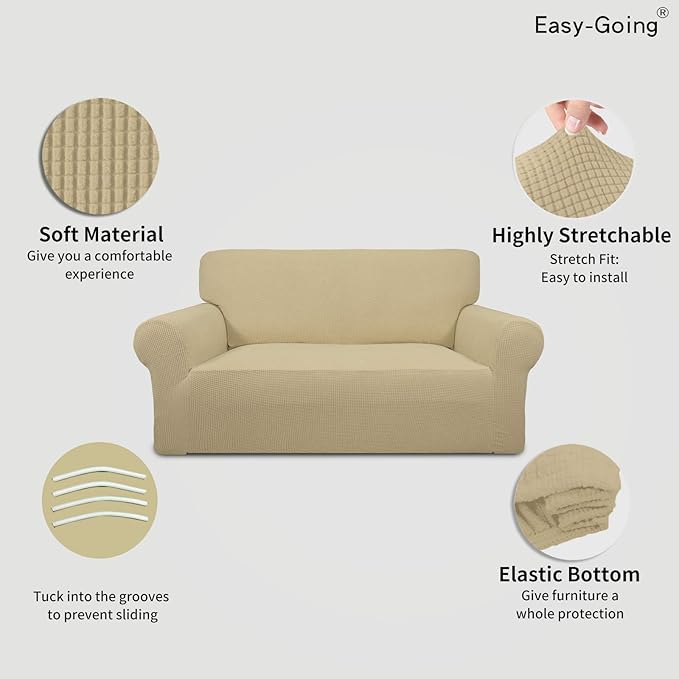 Easy-Going Stretch Loveseat Slipcover 1-Piece Sofa Cover Furniture Protector Couch Soft with Elastic Bottom for Kids Polyester Spandex Jacquard Fabric Small Checks (Loveseat, Beige)