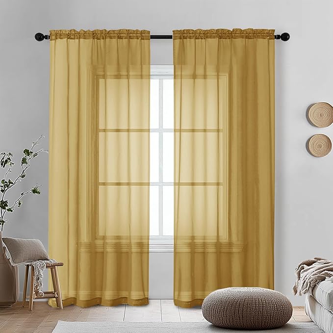 OVZME Gold Sheer Curtains 72 Inches Long 2 Panels - Soft Light Filtering Window Sheer Panels for Living Room/Bedroom, Top Dual Rod Pocket, 1 Pair, Each 42Wx72L Inches