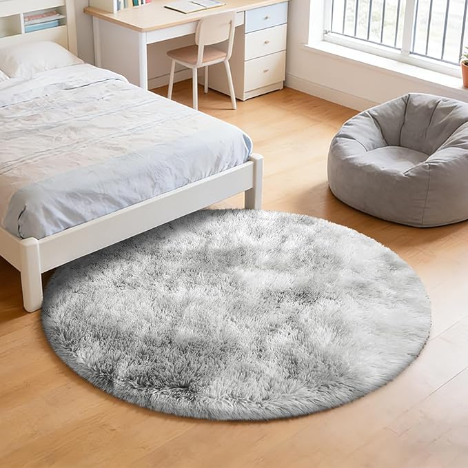 Tie-Dyed Fluffy Round Rug,Soft Area Rugs for Girls Room,Shaggy Rugs 6'X6' for Living Room,Non Slip Circle Rug for Kids Bedroom,Shag Plush Nursery Rug,Plush Carpet for Dorm,Furry Room Decor,Light Grey