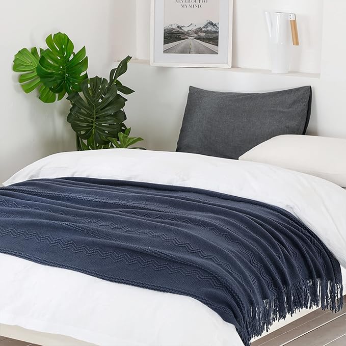 BOURINA Navy Throw Blanket 50x60 Inches Throw Textured Solid Soft Sofa Throw Couch Cover Knitted Decorative Blanket