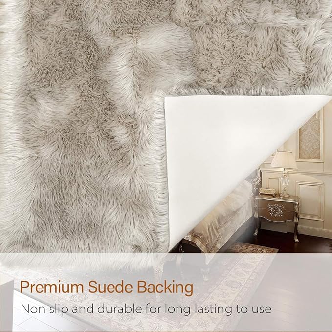 LOCHAS Soft Fluffy Faux Fur Rugs for Bedroom Bedside Rug 3x5 Feet, Washable, Furry Sheepskin Area Rug for Living Room Girls Room, Luxury Shag Carpet Home Decor, Beige