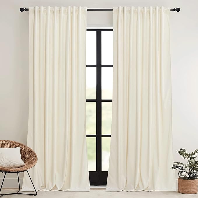 RYB HOME Cream Velvet Curtains 108 inch, Light Dimming White Window Curtains for Living Room Thermal Insulated Privacy Backdrop with Pleat Tape on Top for Bedroom, Ivory, W52 x L108 inch, 2 Panels