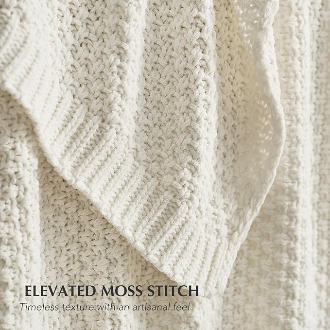 EVERGRACEHOME Chunky Chenille Knit Throw Blanket for Couch, Soft Luxurious Moss Stitch Blankets for Bed, Cozy Decorative Farmhouse Knitted Throws for Sofa, Bright White, 50" x 60"