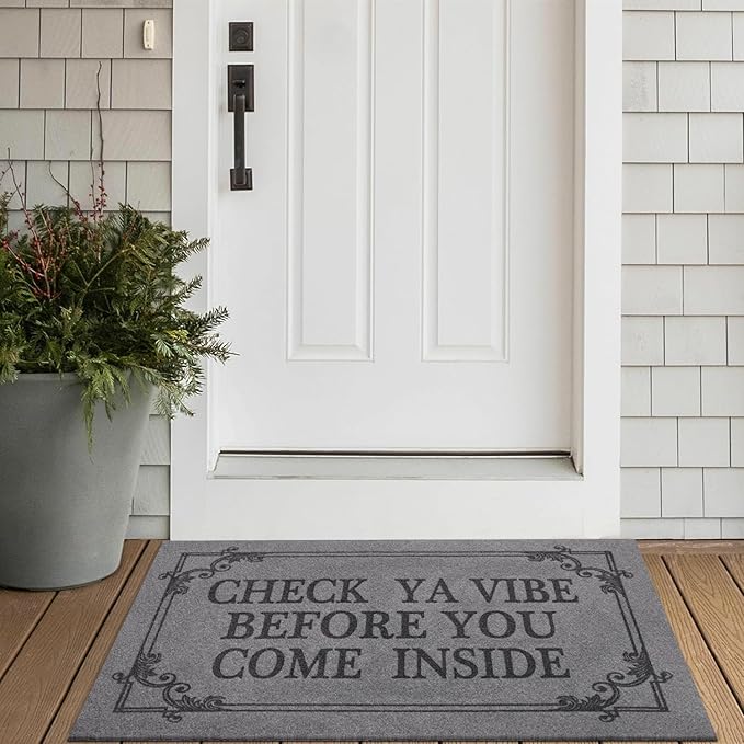 Indoor Door Mat Welcome Mats for Front Door Outdoor, 36" x 24" Check Ya Vibe Before You Come Inside This House Doormat, Non Slip Rubber Farmhouse Mats Light Gray