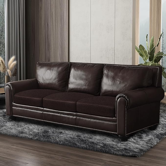 Leather Look Couch Cushion Covers Sofa Seat Slipcovers Sets Couches Furniture Protector for Sectional Armchair Loveseat Pets Kids Stretch Spandex Fabric (3 Cushion Sofa, Chocolate)